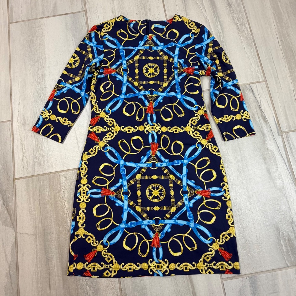 J.McLaughlin Navy Blue‎ Equestrian Chain Print Sheath Dress 3/4 Sleeve Size M